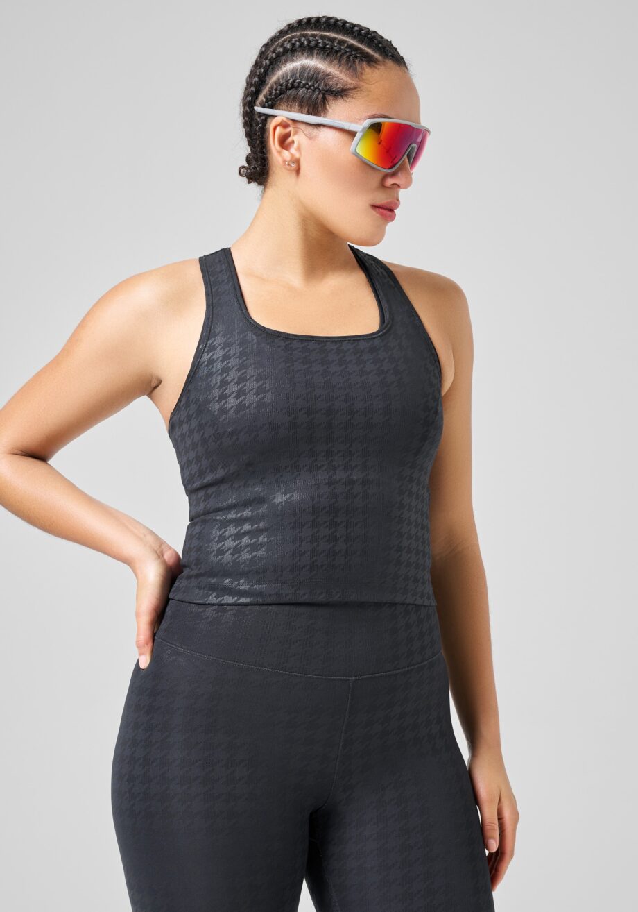 Casall Sandy Square Neck Printed Top - HoundstoothShiny Black