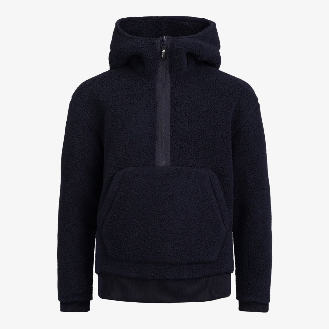 Pelle P - JR Cormo Half Zip Hoodie, Dk Navy Blue Denna huvtröja för junior är tillverkad i mjuk polyesterpile och har en avslappnad passform
