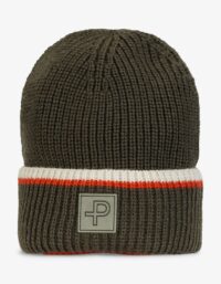 Pelle P - Tiller Knitted Hat Stripes, Khaki Green Snygg stickad mössa med uppvik och kontrastfärgad rand, tillverkad i ull och akryl, med reflexdetalj framtill