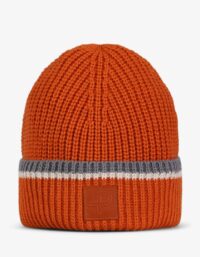 Pelle P - Tiller Knitted Hat Stripes, Pumpkin Snygg stickad mössa med uppvik och kontrastfärgad rand, tillverkad i ull och akryl, med reflexdetalj framtill